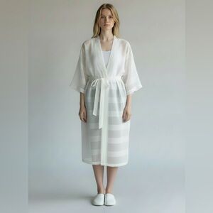 NWT BOCAN COUTURE TURKISH LINEN ECRU OFF WHITE BEADED PEARL ROBE SIZE S/M